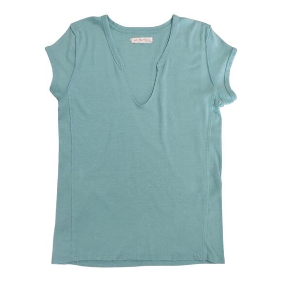 Free People Sculpted V-neck Cap Sleeve T-shirt Size L Turquoise Knit Casual Top - Picture 5 of 8